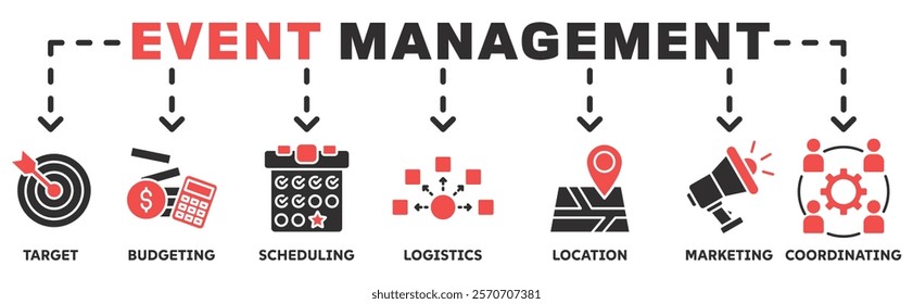 Event management banner web icon concept illustration with target, budgeting, scheduling, logistics, location, marketing, and coordination	
