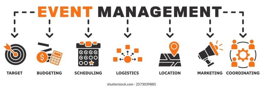 Event management banner web icon concept illustration with target, budgeting, scheduling, logistics, location, marketing, and coordination	