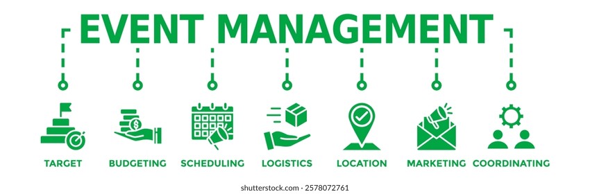 Event management banner web icon vector illustration concept with icon of target, budgeting, scheduling, logistics, location, marketing, and coordination