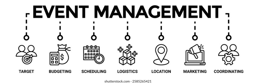 Event management banner web icon vector illustration concept with icon of target, budgeting, scheduling, logistics, location, marketing, and coordination