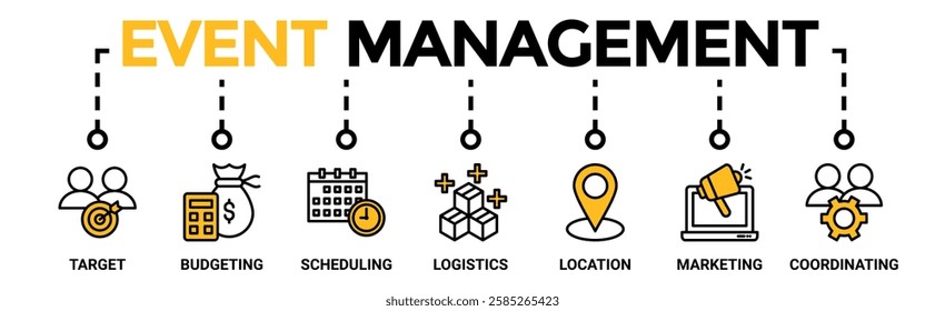 Event management banner web icon vector illustration concept with icon of target, budgeting, scheduling, logistics, location, marketing, and coordination