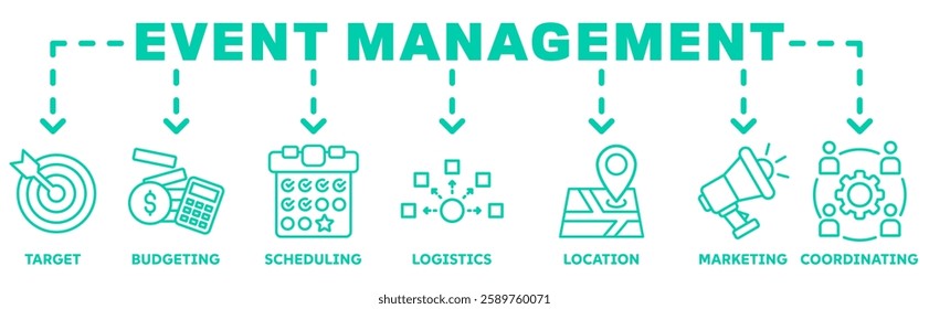 Event management banner web icon vector illustration with target, budgeting, scheduling, logistics, location, marketing, and coordination