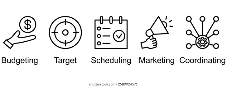 Event Management banner web icon vector illustration of budgeting, target, scheduling, marketing, coordinating