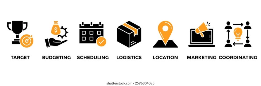 Event management banner web icon vector illustration concept with icon of target, budgeting, scheduling, logistics, location, marketing, and coordinating