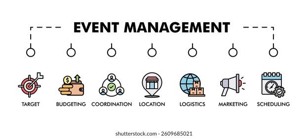 Event management banner web icon vector illustration concept with icon of target, budgeting, scheduling, logistics, location, marketing, and coordination