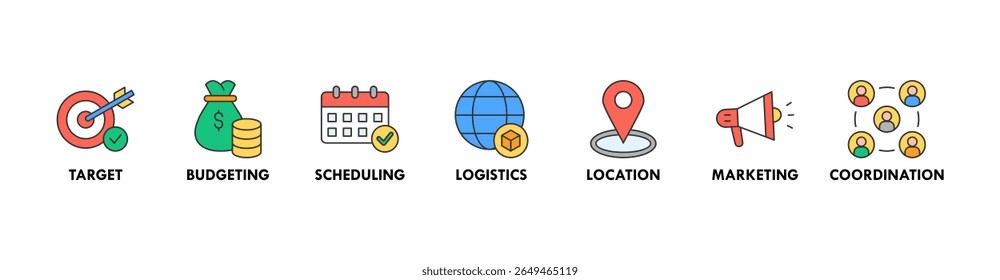 Event management banner web icon vector illustration concept with icon of target, budgeting, scheduling, logistics, location, marketing, and coordination