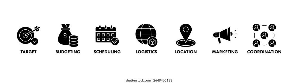 Event management banner web icon vector illustration concept with icon of target, budgeting, scheduling, logistics, location, marketing, and coordination