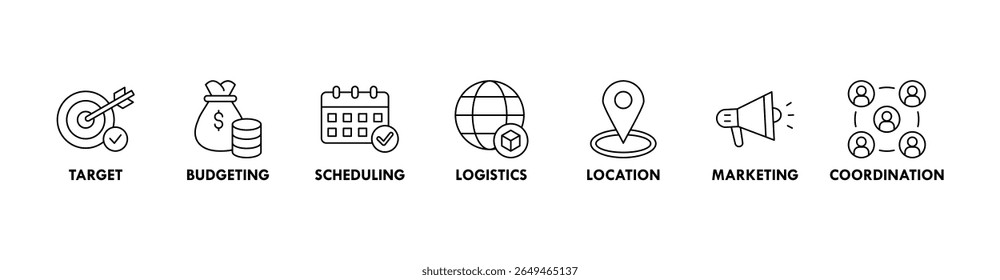 Banner de gerenciamento de eventos ícone da Web vetor ilustração conceito com ícone de destino, orçamento, programação, logística, localização, marketing e coordenação