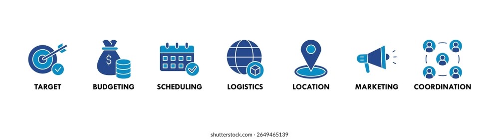 Event management banner web icon vector illustration concept with icon of target, budgeting, scheduling, logistics, location, marketing, and coordination