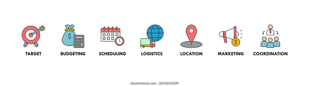 Banner de gerenciamento de eventos ícone da Web vetor ilustração conceito com ícone de destino, orçamento, programação, logística, localização, marketing e coordenação