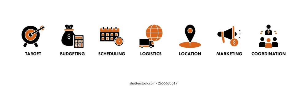 Event management banner web icon vector illustration concept with icon of target, budgeting, scheduling, logistics, location, marketing, and coordination