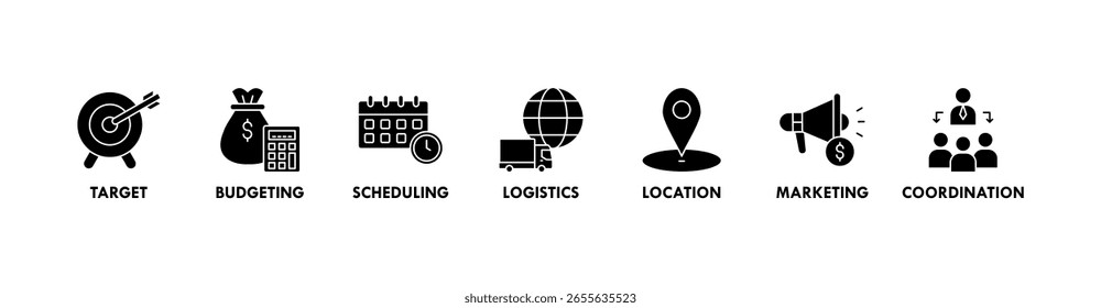 Event management banner web icon vector illustration concept with icon of target, budgeting, scheduling, logistics, location, marketing, and coordination