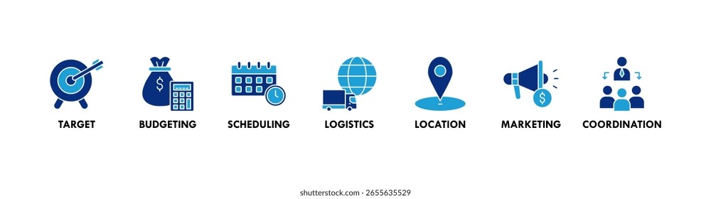 Concepto de Ilustración vectorial de íconos de Web de Anuncio de gestión de eventos con ícono de destino, presupuesto, programación, logística, ubicación, marketing y coordinación