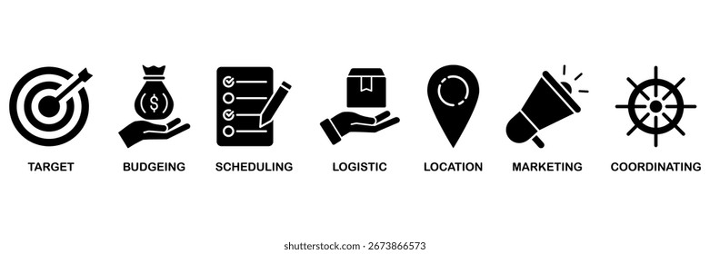 Banner de gerenciamento de eventos ícone da Web vetor conceito de ilustração para� destino, orçamento, programação, logística, localização, marketing e coordenação