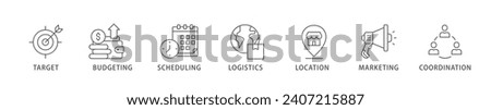 Event management banner web icon vector illustration concept with icon of target, budgeting, scheduling, logistics, location, marketing, and coordination