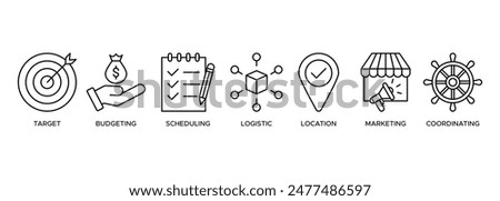 Event management banner web icon illustration concept with icon of target, budgeting, scheduling, logistics, location, marketing, and coordination