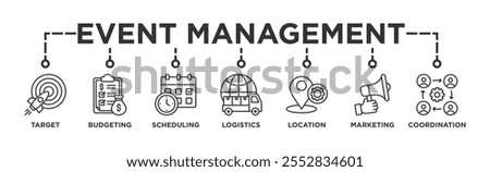 Event management banner web icon vector illustration concept with icon of target, budgeting, scheduling, logistics, location, marketing, and coordination	