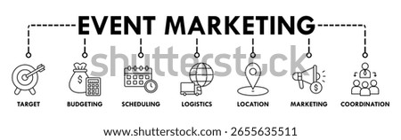 Event management banner web icon vector illustration concept with icon of target, budgeting, scheduling, logistics, location, marketing, and coordination