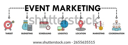 Event management banner web icon vector illustration concept with icon of target, budgeting, scheduling, logistics, location, marketing, and coordination