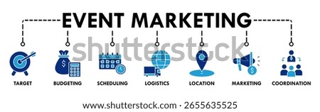 Event management banner web icon vector illustration concept with icon of target, budgeting, scheduling, logistics, location, marketing, and coordination
