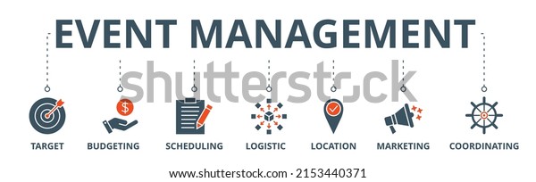 Event management banner web icon vector\
illustration concept with icon of target, budgeting, scheduling,\
logistics, location, marketing, and\
coordination