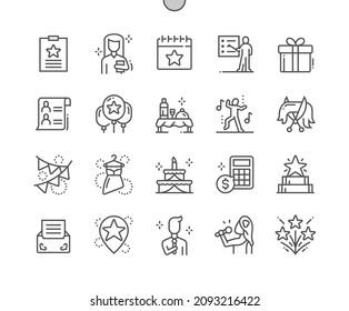 Event management. Budget and list of invitees. Organization, planning and discussion. Decoration of event. Corporate holiday. Pixel Perfect Vector Thin Line Icons. Simple Minimal Pictogram