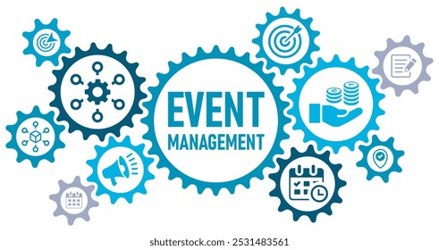 Concepto de gestión de eventos Anuncio Web Sitio web iconos Ilustración vectorial con iconos de destino, presupuesto, programación, logística, ubicación, marketing, coordinación, sobre fondo blanco iconos editables,