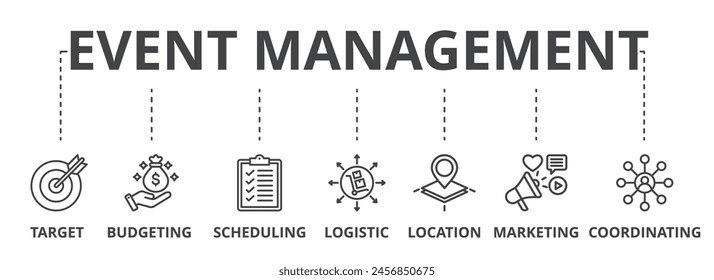 Event management concept icon illustration contain target, budgeting, scheduling, logistic, location, marketing and coordination.