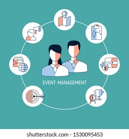 Event Management Konzept mit Symbolen. Vektorgrafik.