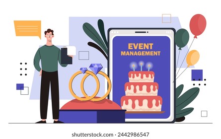 Concepto de gestión de eventos. Hombre con pastel con anillos de oro. Preparación de la ceremonia de boda y matrimonio. Administrador con bloc de notas. Fiesta y fiesta, fiesta. Ilustración de vector plano de dibujos animados