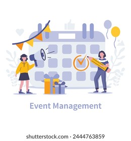 Event Management concept. Orchestrating engaging events through strategic planning, promotion, and execution. Celebrating corporate milestones with impactful gatherings. Vector illustration.