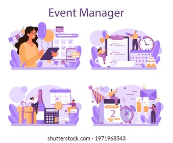 Event management concept set. Celebration or meeting organization. Planning of pr company for business. Mass media and social network promotion. Isolated vector illustration