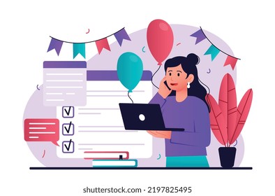 Event management concept. Young girl with laptop and phone negotiates with service provider. Manager decorating room for party and event. Woman invites guests. Cartoon flat vector illustration