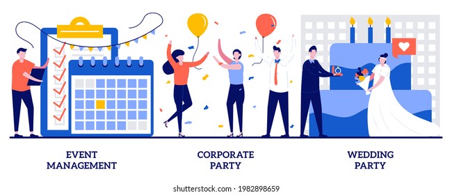 Event management, corporate and wedding party concept with tiny people. Entertainment service vector illustration set. Meeting organizer, planning service, team building, celebration metaphor.