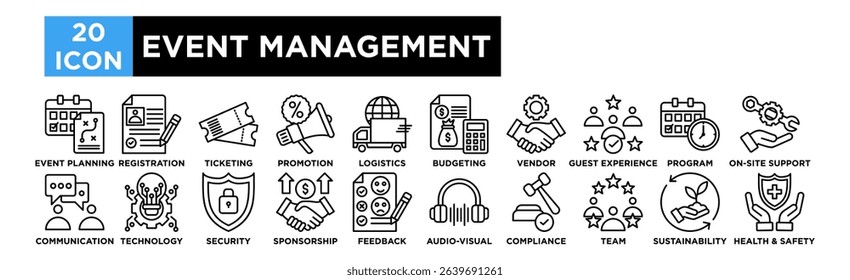 Event management icon collection set. Event Planning, Registration, Ticketing, Promotion, Logistics