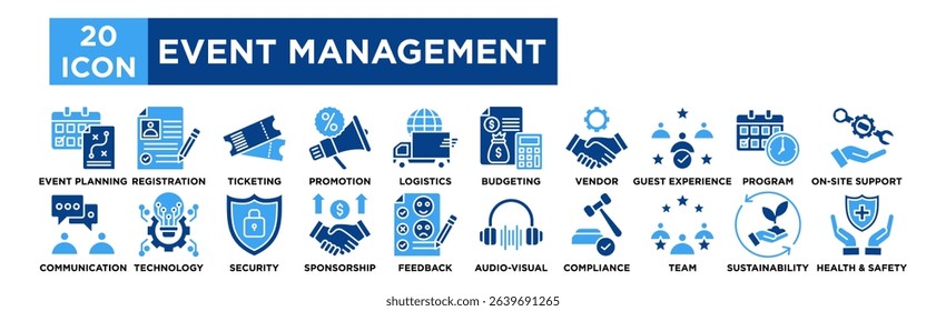 Event management icon collection set. Event Planning, Registration, Ticketing, Promotion, Logistics