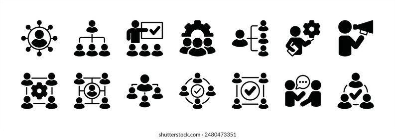 Conjunto de iconos de administración de eventos. Conteniendo coordinación, jerarquía, trabajo en equipo, liderazgo, discusión, reunión, organización, colaboración, marketing, conexión. Ilustración vectorial