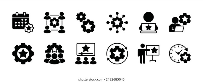 Conjunto de iconos de administración de eventos. Video Contiene calendario, programación, organización, supervisión o control, tiempo, proceso, planificación de estrategia, equipo, en línea Ilustración vectorial