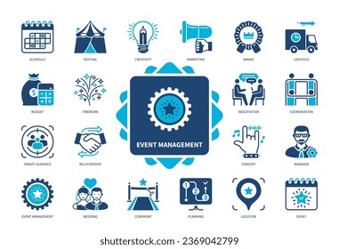 Event Management icon set. Events, Schedule, Festival, Budget, Target Audience, Coordinating, Marketing, Logistics. Duotone color solid icons