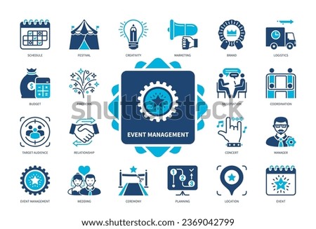 Event Management icon set. Events, Schedule, Festival, Budget, Target Audience, Coordinating, Marketing, Logistics. Duotone color solid icons