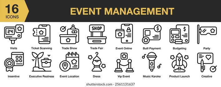 Event Management icon set. Includes ticket, trade, budgeting, party, dress, creative, and More. Outline icons vector collection.