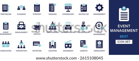 Event management icon set. Timetabling, planning, strategy, wedding, chronology, invited list, involvement, cost, association and best solid icon set.