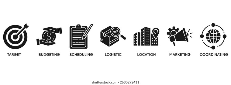 Event management icon set vector illustration concept relate to target, budgeting, scheduling, logistics, location, marketing, and coordination