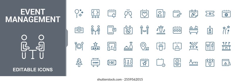 Event Management icons. Containing team, social, promotion, calendar, meeting, schedule, art. Minimal icons. Editable stroke.