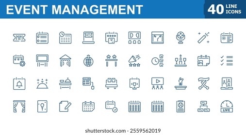 Event Management icons. Containing team, social, promotion, calendar, meeting, schedule, art. Minimal icons. Editable stroke.