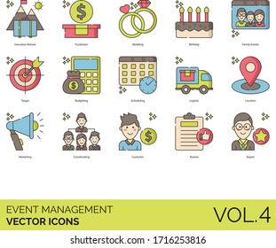Event management icons including executive retreat, fundraiser, wedding, birthday, family, target, budgeting, scheduling, logistic, location, marketing, coordinating, customer, review, expert.