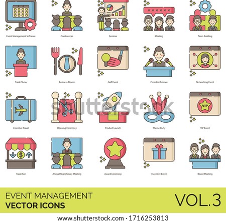 Event management icons including software, seminar, team building, trade show, business dinner, golf, press conference, networking, incentive travel, opening ceremony, product launch, theme party, VIP