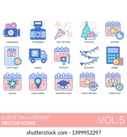 Event management icons including videography, photography, new year party, christmas, schedule, project, logistic, promotion, decoration, budget, security, location, graduation, production, private.