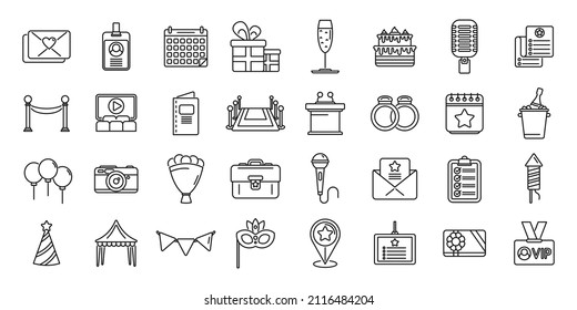 Event management icons set outline vector. Conference participant. Invite sponsorship