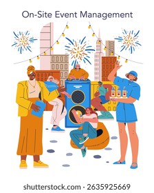 Event management illustration showcasing a vibrant outdoor gathering. Various characters interact, highlighting organization and enjoyment in a festive city atmosphere filled with excitement and